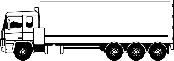 The black and white illustration shows a large truck with multiple wheels on its trailer driving down an unseen roadway.