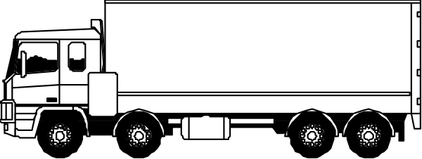The black and white illustration shows a large truck with multiple wheels on its trailer parked next to an empty roadway under clear skies at nighttime.