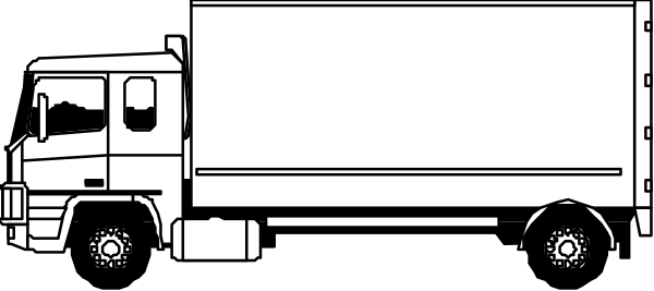 The black and white line drawing shows a truck with two visible wheels on its right side parked next to an unseen roadway in what appears to be a stylized urban environment without any people or animals present, focusing solely on transportation equipment within this limited context.