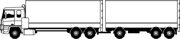 The black and white illustration shows a truck pulling two trailers on an unspecified roadway with no visible textures indicating movement or direction of travel.