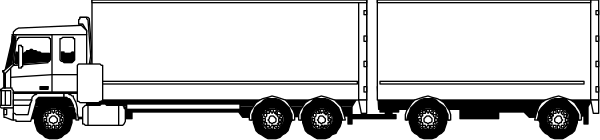 The black and white picture shows a truck with two trailers on it driving down an empty road next to some trees.