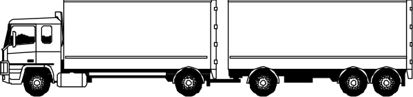 The black and white illustration shows a large truck with two trailers driving on an unseen roadway at nighttime.