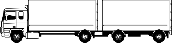 The image shows a large truck with two trailers driving on an overpass above another roadway where there is no visible traffic.