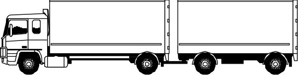 The black and white photo shows a large truck with two trailers driving on an open road under clear skies.