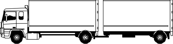 The image shows a large truck with two trailers driving on an unseen roadway at nighttime.