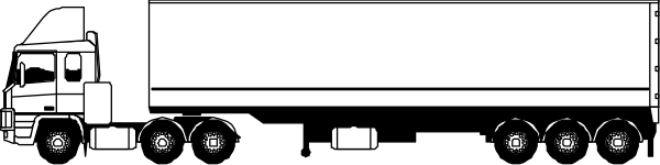 The black and white illustration shows a large truck with multiple wheels on its trailer driving down an unseen roadway.