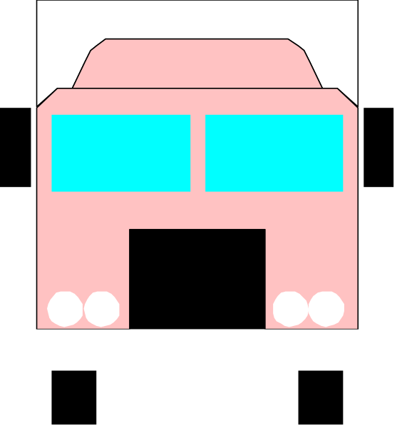 The image shows a pink toy truck with blue windows on top of it against a black background.