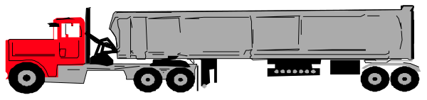 The black and white illustration shows a truck on top of another vehicle with two wheels visible at each end; it is driving down an empty road next to what appears to be a train track in front of a building, which has windows but no doors.