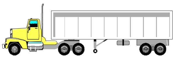 The image shows a yellow semi truck with an attached trailer driving on a road at nighttime under dark skies.