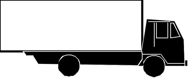 The black and white picture shows a truck with two wheels visible on its left side driving down what appears to be an empty road in front of it.