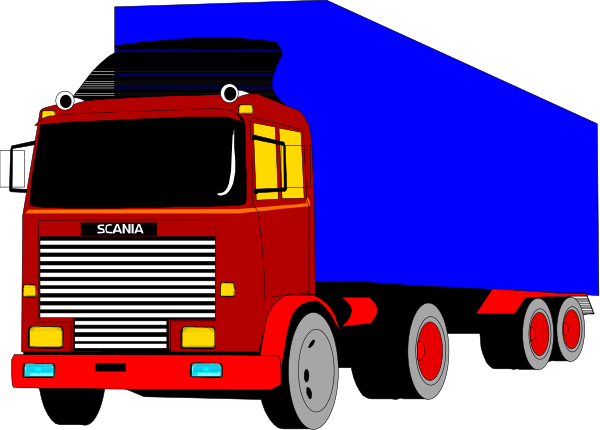 The image shows a red truck pulling an orange trailer with two tires visible on each side of it; both vehicles have white lettering that reads "SCANA."