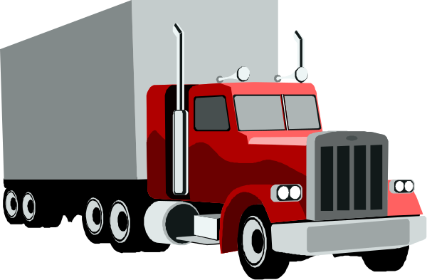 The image shows a red semi truck with white wheels on it parked next to another similar vehicle that is facing away from us in what appears to be an industrial area at nighttime.