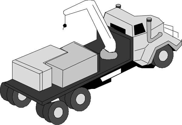 The black and white illustration shows a construction truck with its crane extended over an empty flatbed trailer on which sits what appears to be a large block of cement being lifted by the vehicle's hydraulic arm, indicating that it is in operation at a work site or similar location where heavy lifting tasks are performed.