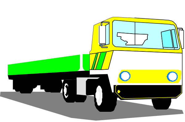 The image shows a cartoon of an old yellow truck with green stripes on its side driving down what appears to be a road at nighttime under clear skies.