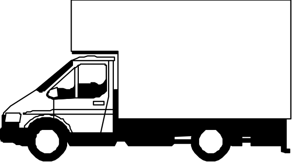 The black and white pixelated image shows a van driving behind an empty box truck on what appears to be a roadway with no other vehicles in sight.