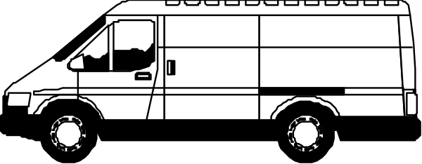 The black and white illustration shows a van with an open door parked on what appears to be a street next to some buildings; there is no text present in this image.