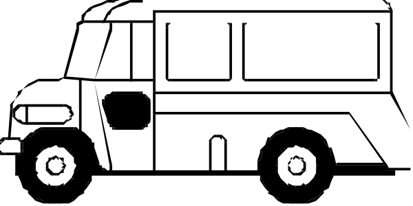 The black and white line drawing shows a truck with an open back parked on what appears to be asphalt surface next to some buildings that have windows but no doors visible in this image.