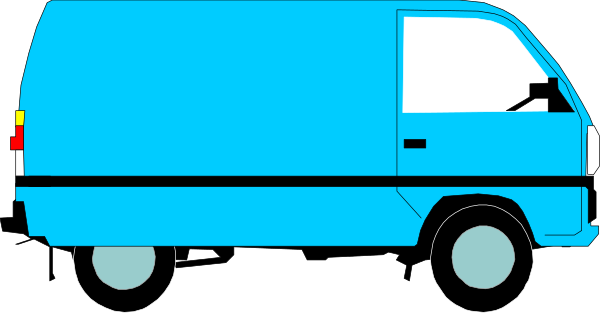 The image shows a blue van with an open door parked on a street next to what appears to be a building entrance.