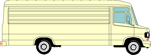 The image shows a yellow van with white lettering on its side driving down an empty road at nighttime.
