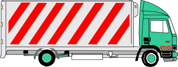 The image shows a red truck with white stripes on its side driving down an empty road next to some buildings that have windows in them.