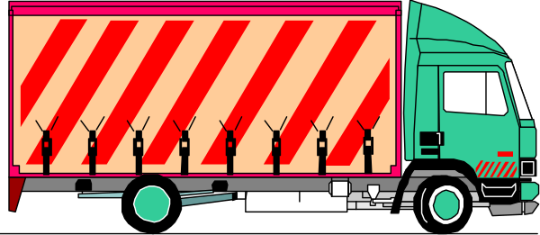 The illustration shows a large green truck with red stripes on its side driving past an oversized cardboard box that has been cut out to create windows for viewing inside it; there is also another similar but smaller vehicle in front of this larger one, and both vehicles have white wheels.