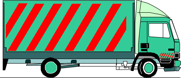 The image shows a green truck with red stripes parked on an unseen road next to what appears to be another vehicle that is partially visible in front of it; there's no text present within this small clip-art illustration, and all objects depicted here seem stationary without any actions taking place.