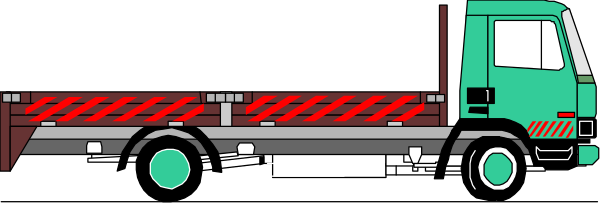 The image shows a large truck with red stripes on its side parked next to an open building structure that has scaffolding around it.