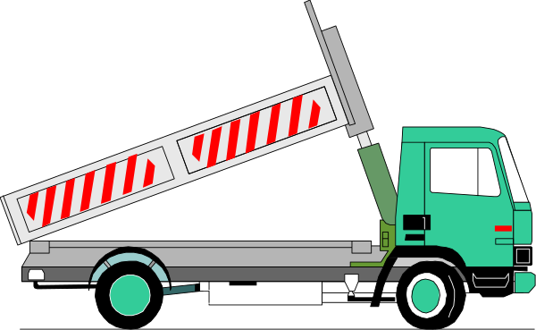 The image shows a green truck with an extended crane arm holding up what appears to be two red traffic cones on its platform against a black background.
