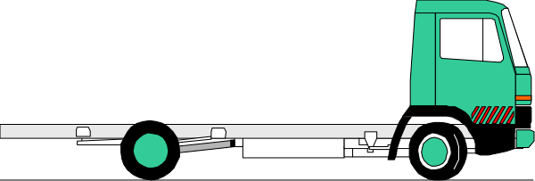 The image shows a green truck with white lettering on it driving down an empty road at nighttime.