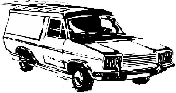 The black and white photo shows a vintage van parked next to an older model car on what appears to be a street at nighttime with no visible text in the image itself.