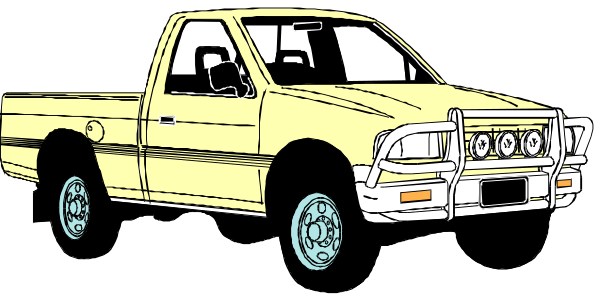 The black and white illustration shows a yellow pickup truck with chrome accents parked on what appears to be an empty road at nighttime.