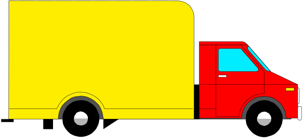 The image shows a red truck pulling an empty trailer on its back with no visible driver inside it; there is also another smaller vehicle in front of them that appears to be driving away from viewer's perspective, and both vehicles seem to have yellow license plates or reflectors at their rear ends.