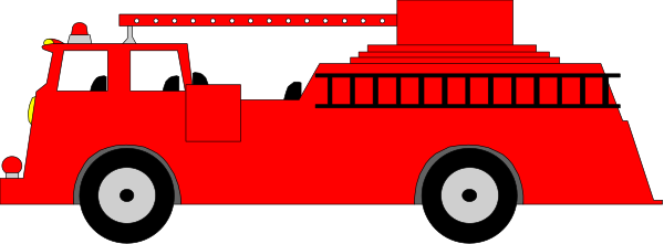 The image shows a red fire truck with wheels on it against a dark background.