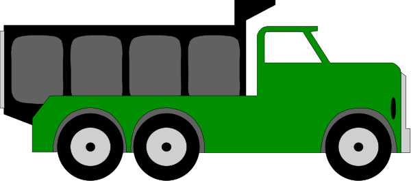 The image shows a green truck with two trailers behind it on an unspecified roadway background.