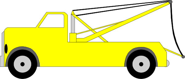 The image shows a tow truck with its bed extended to carry an object that is too large for it; there's no visible cargo on top of the flatbed trailer attached behind the cab.