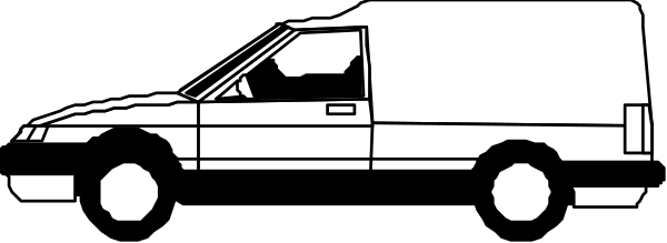 The black and white photo shows a van parked next to an old car on what appears to be a street at nighttime with no visible textures in sight of both vehicles.