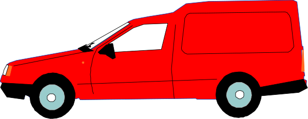 The image shows a red van with an open door parked next to it on what appears to be a street at nighttime.