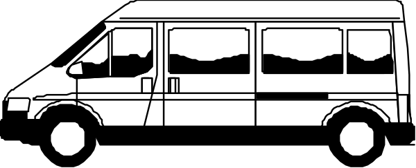 The black and white illustration shows a van parked on an unseen road with no visible textures indicating its surroundings beyond being outdoors at night due to darkness in all directions except for one bright light source illuminating it from above, casting shadows beneath the vehicle's wheels which are not depicted.