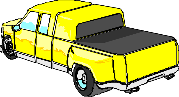 The image shows a yellow truck with an open bed parked next to it on what appears to be a dark background.
