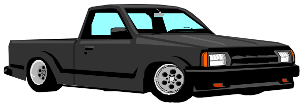 The image shows a black truck parked next to another vehicle with white wheels on what appears to be an overcast day under gray skies.