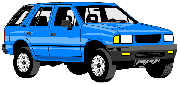 The image shows two blue cars parked side by side with a person standing between them; there is no text present on this clip-art illustration.