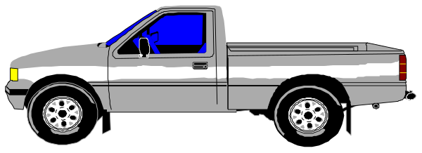 The image shows a gray truck with an open door parked on a street at nighttime.
