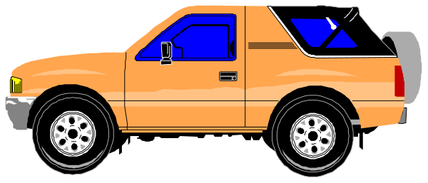 The image shows a cartoon of an orange car with two doors parked on what appears to be a gray surface next to another similar vehicle that is partially visible in front of it; there's no text present, and all objects seem stationary without any actions taking place.