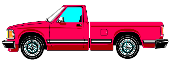 The image shows a red pickup truck with two wheels visible on its side parked next to another similar vehicle that is partially obscured by the first one; both trucks have black tires and silver rims.