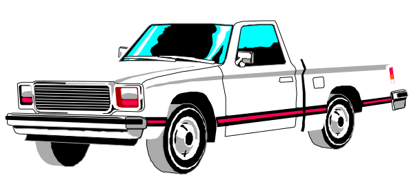 The image shows a vintage truck with red trim parked on an unseen roadway against a plain background.