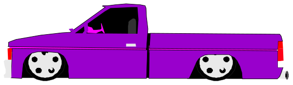 The image shows a purple car with two white dots on it parked next to an orange cone at nighttime under clear skies in front of what appears to be a building.