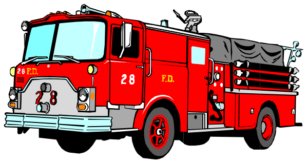 The image shows a red fire truck with white lettering on its side parked next to an open black umbrella under which there is no one visible in front of it against a dark background.