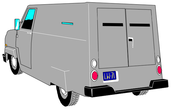 The image shows a white van with red taillights parked next to an open door on what appears to be a dark background; there is no text present in this clip-art illustration.