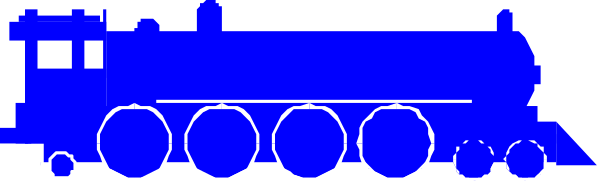 The image shows a blue train on tracks with white wheels against a grey background.