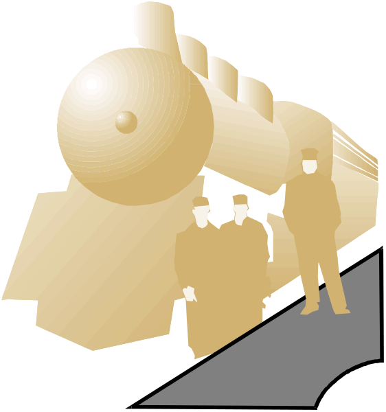 The illustration shows a train with two carts on tracks next to an old man standing beside it; there is also another person in front of them who appears smaller due to perspective distortion from their position behind the track, and above this scene stands a large golden trophy or award that seems out of place.